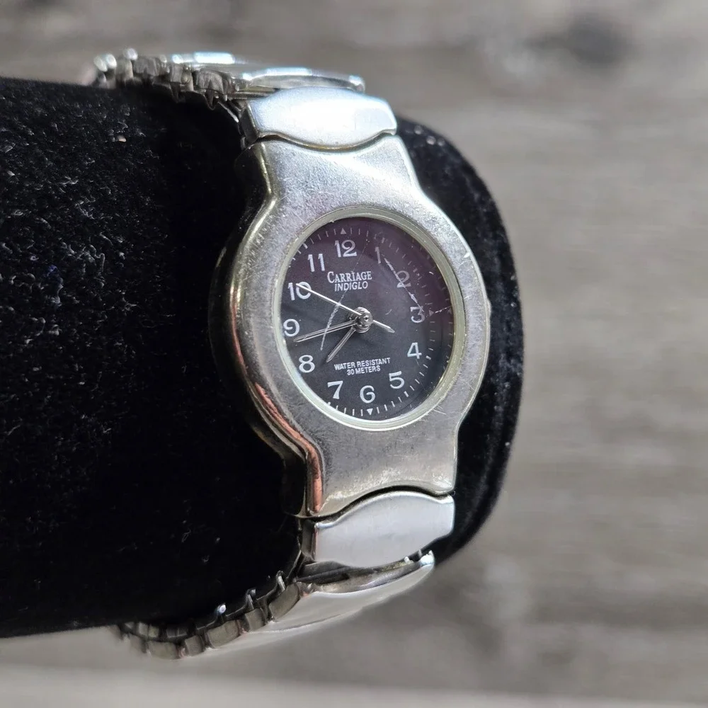 Carriage by Timex Indiglo Watch Black Dial Round Silver Tone Case Stretch Band 6